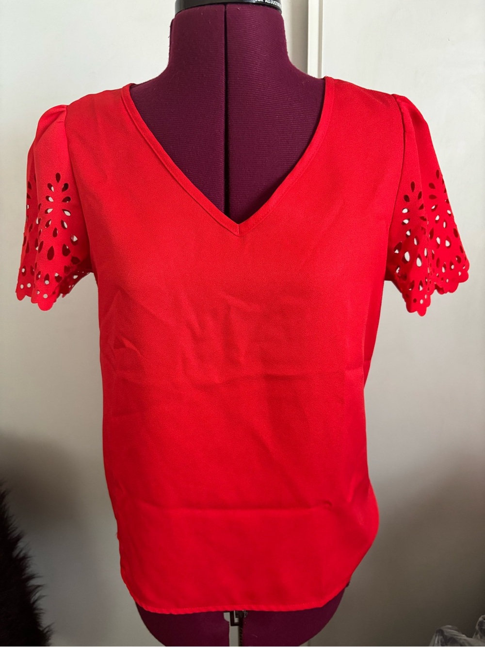 SHEIN Women’s V-Neck Red Top with Laser-Cut Sleeve Detail, Size Small